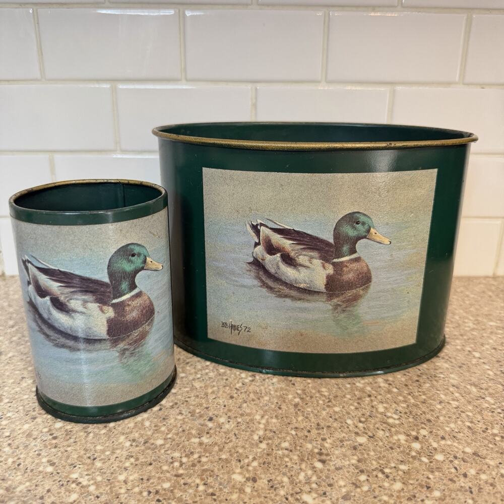 Vtg Mallard Duck Metal Desk Mail Organizer Pencil Cup Set Cabin Lodge Decor
